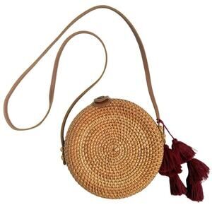 Round Rattan Wicker Crossbody Bag Boho Straw Purse Burgundy Tassels